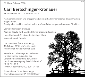 Traueranzeige von Carl Bertschinger-Kronauer von ZO Gesamt