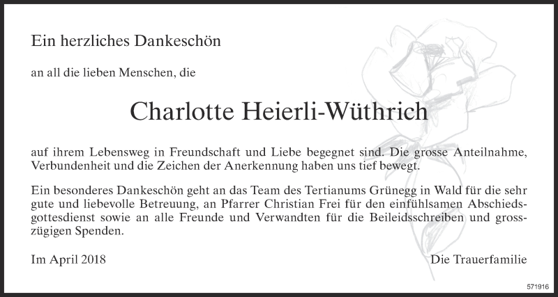  Traueranzeige für Charlotte Heierli-Wüthrich vom 25.04.2018 aus ZO Gesamt