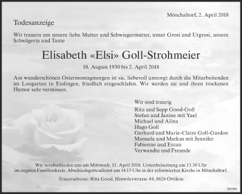 Traueranzeige von Elisabeth Goll-Strohmeier von ZO Gesamt