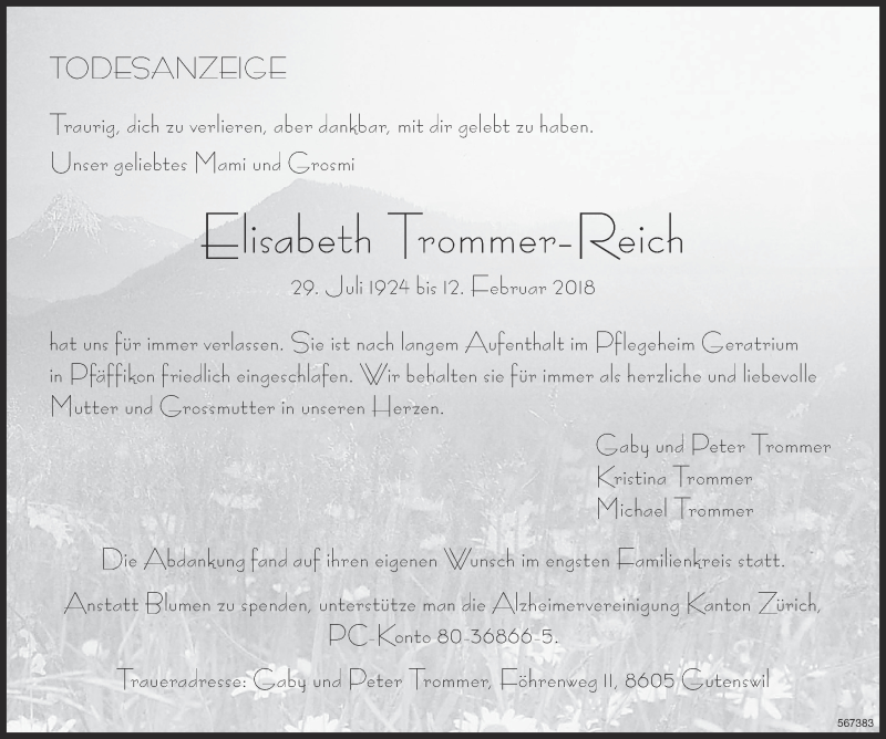  Traueranzeige für Elisabeth Trommer-Reich vom 21.02.2018 aus ZO Gesamt