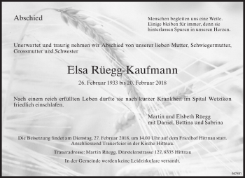 Traueranzeige von Elsa Rüegg-Kaufmann von ZO Gesamt