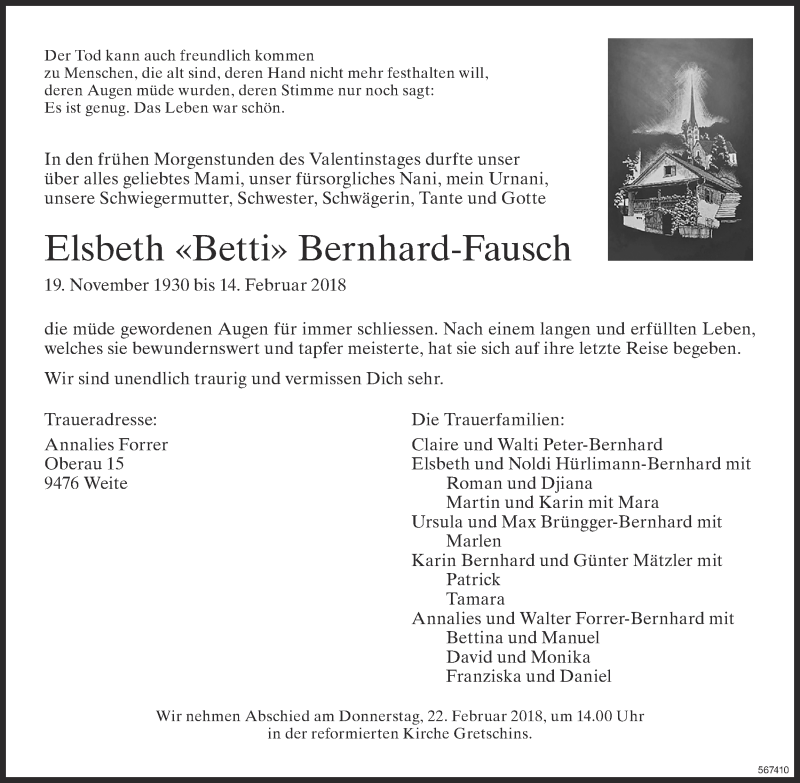  Traueranzeige für Elsbeth Bernhard-Fausch vom 16.02.2018 aus ZO Gesamt