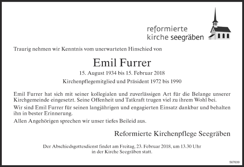  Traueranzeige für Emil Furrer vom 21.02.2018 aus ZO Gesamt