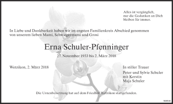 Traueranzeige von Erna Schuler-Pfenninger von ZO Gesamt