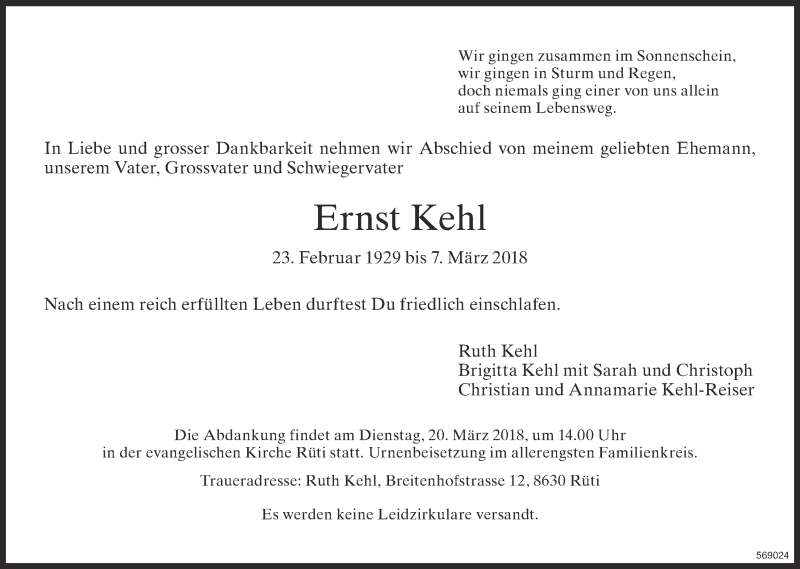  Traueranzeige für Ernst Kehl vom 14.03.2018 aus ZO Gesamt