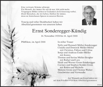 Traueranzeige von Ernst Sonderegger-Kündig von ZO Gesamt