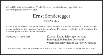 Traueranzeige von Ernst Sonderegger von ZO Gesamt