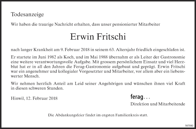  Traueranzeige für Erwin Fritschi vom 14.02.2018 aus ZO Gesamt