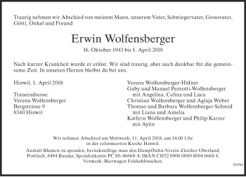Traueranzeige von Erwin Wolfensberger von ZO Gesamt
