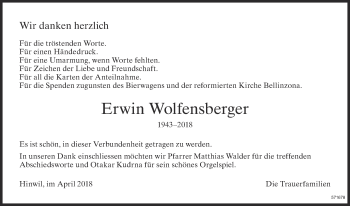 Traueranzeige von Erwin Wolfensberger von ZO Gesamt