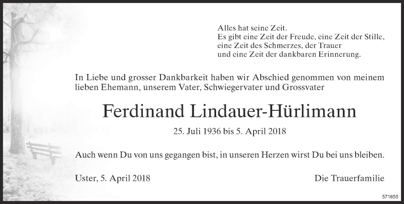  Traueranzeige für Ferdinand Lindauer-Hürlimann vom 20.04.2018 aus ZO Gesamt