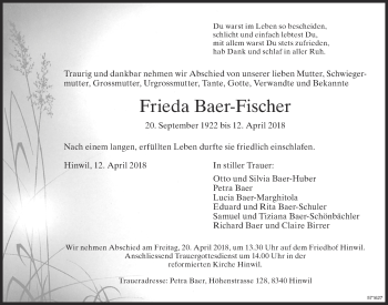 Traueranzeige von Frieda Baer-Fischer von ZO Gesamt