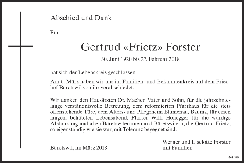  Traueranzeige für Gertrud Forster vom 16.04.2018 aus www.zo-trauer.ch