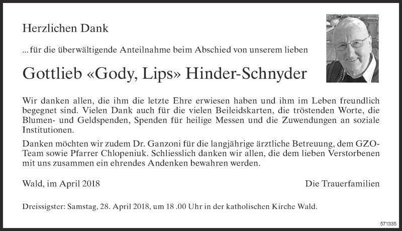 Traueranzeige für Gottlieb Hinder-Schnyder vom 16.04.2018 aus ZO Gesamt