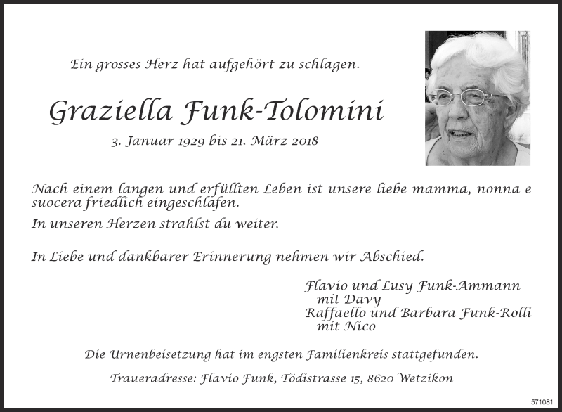  Traueranzeige für Graziella Funk-Tolomini vom 10.04.2018 aus ZO Gesamt