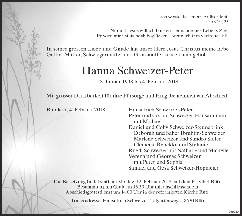 Traueranzeige für Hanna Schweizer-Peter vom 07.02.2018 aus ZO Gesamt