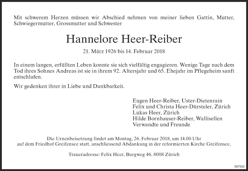  Traueranzeige für Hannelore Heer-Reiber vom 16.02.2018 aus ZO Gesamt