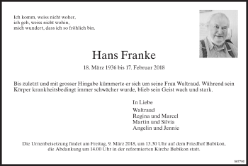 Traueranzeige von Hans Franke von ZO Gesamt