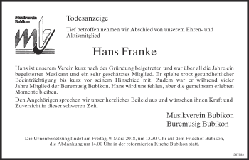 Traueranzeige von Hans Franke von ZO Gesamt