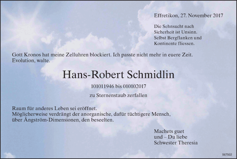  Traueranzeige für Hans-Robert Schmidlin vom 22.02.2018 aus reg_1