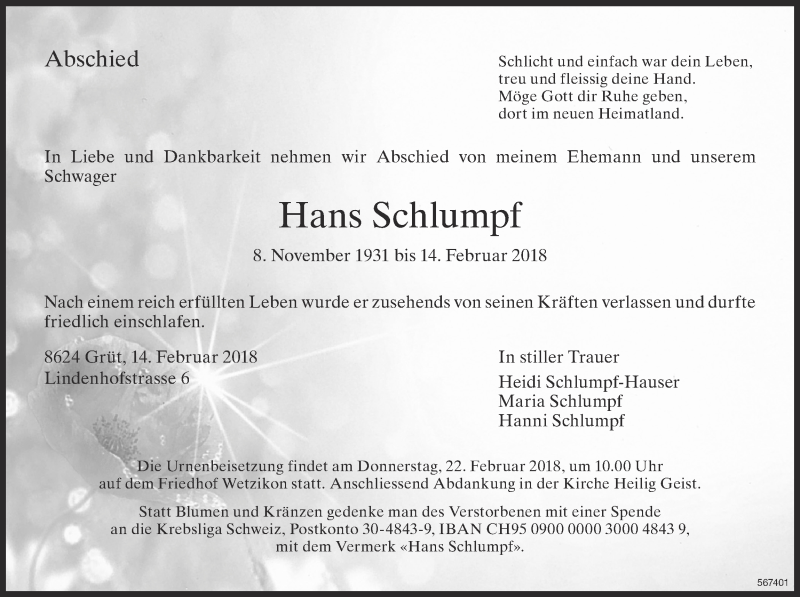  Traueranzeige für Hans Schlumpf vom 16.02.2018 aus ZO Gesamt