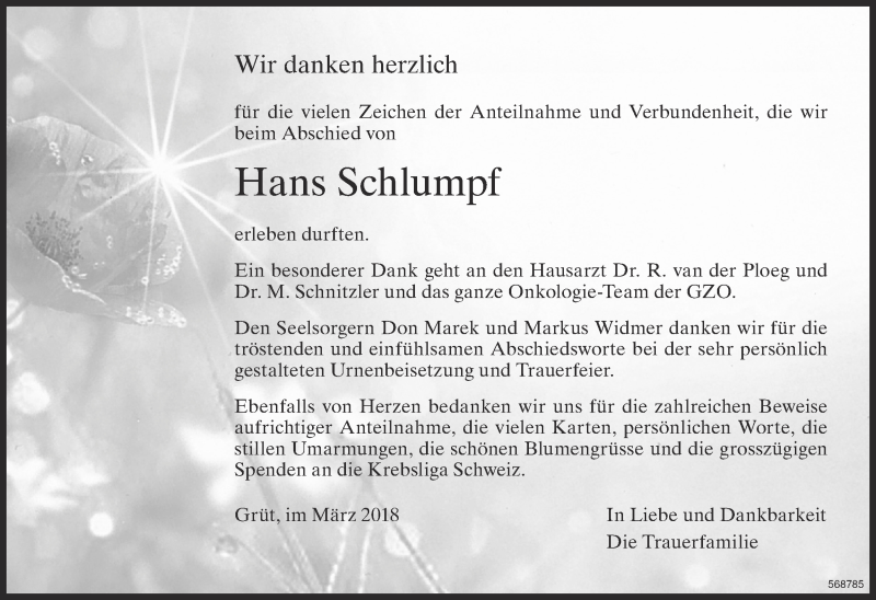  Traueranzeige für Hans Schlumpf vom 12.03.2018 aus ZO Gesamt