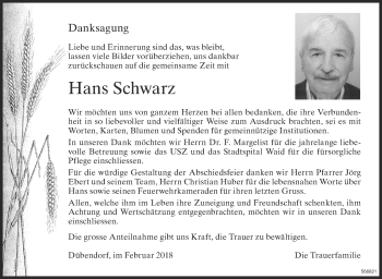 Traueranzeige von Hans Schwarz von Glattaler