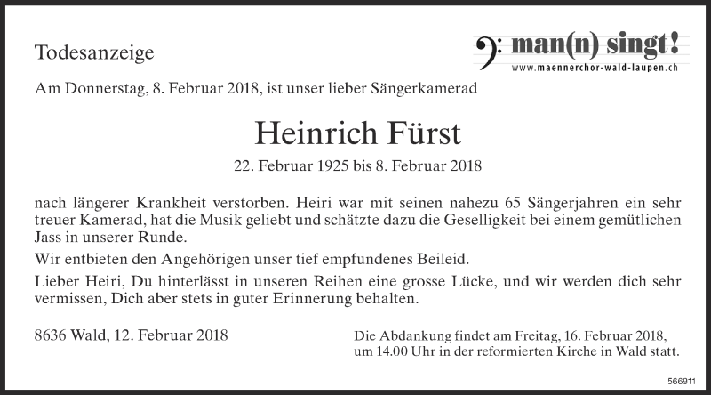 Traueranzeige für Heinrich Kurt Fürst vom 13.02.2018 aus ZO Gesamt