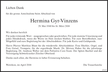 Traueranzeige von Hermina Gyr-Vinzens von ZO Gesamt