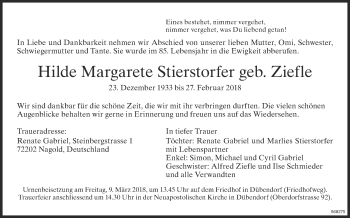 Traueranzeige von Hilde Margarete Stierstorfer von Glattaler