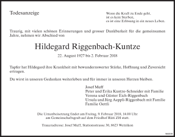 Traueranzeige von Hildegard Riggenbach-Kuntze von ZO Gesamt