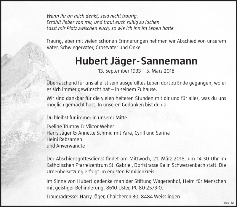  Traueranzeige für Hubert Jäger-Sannemann vom 14.03.2018 aus ZO Gesamt