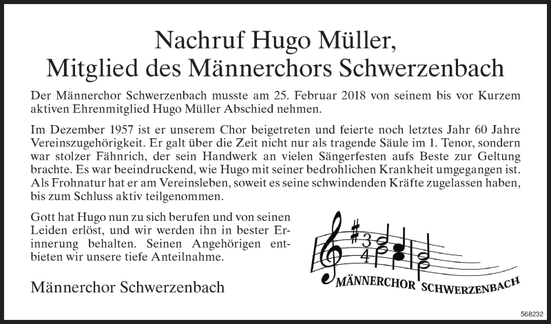  Traueranzeige für Hugo Müller vom 02.03.2018 aus Glattaler