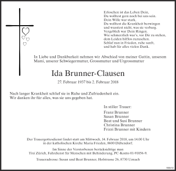 Traueranzeige von Ida Brunner-Clausen von Glattaler