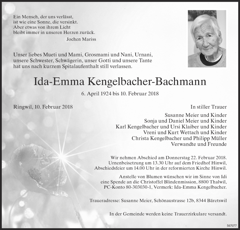  Traueranzeige für Ida-Emma Kengelbacher-Bachmann vom 16.02.2018 aus ZO Gesamt