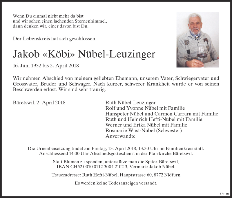  Traueranzeige für Jakob Nübel-Leuzinger vom 11.04.2018 aus ZO Gesamt