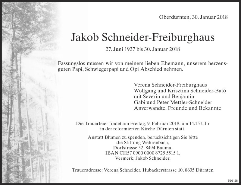  Traueranzeige für Jakob Schneider-Freiburghaus vom 02.02.2018 aus ZO Gesamt