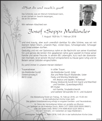 Traueranzeige von Josef Mailänder von Glattaler