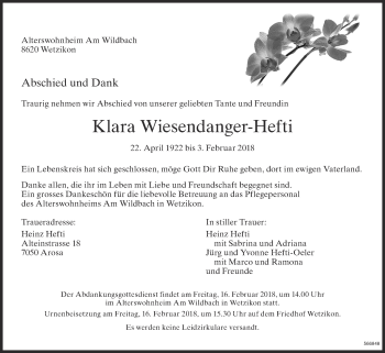 Traueranzeige von Klara Wiesendanger-Hefti von ZO Gesamt