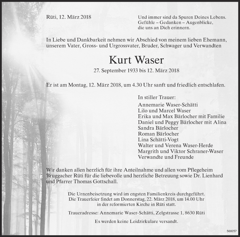  Traueranzeige für Kurt Waser vom 17.03.2018 aus ZO Gesamt