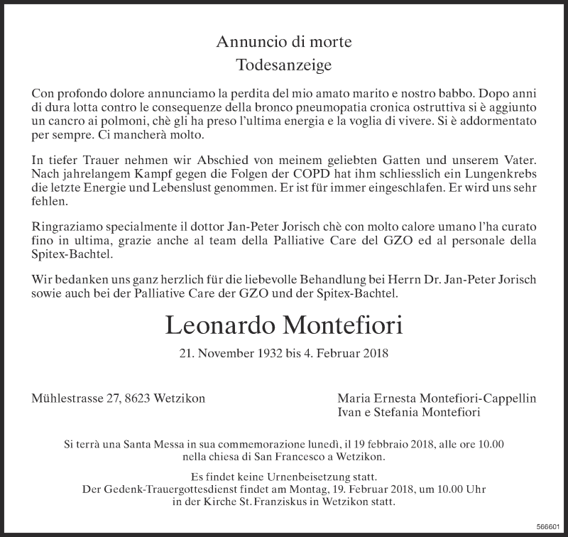  Traueranzeige für Leonardo Montefiori vom 12.02.2018 aus ZO Gesamt