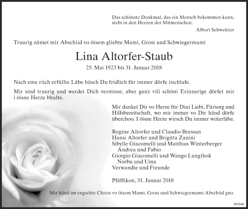  Traueranzeige für Lina Altorfer-Staub vom 21.02.2018 aus ZO Gesamt