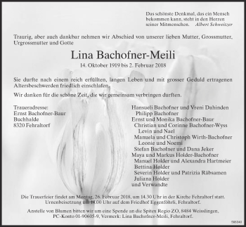 Traueranzeige von Lina Bachofner-Meili von ZO Gesamt