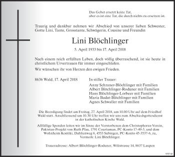 Traueranzeige von Lini Blöchlinger von ZO Gesamt