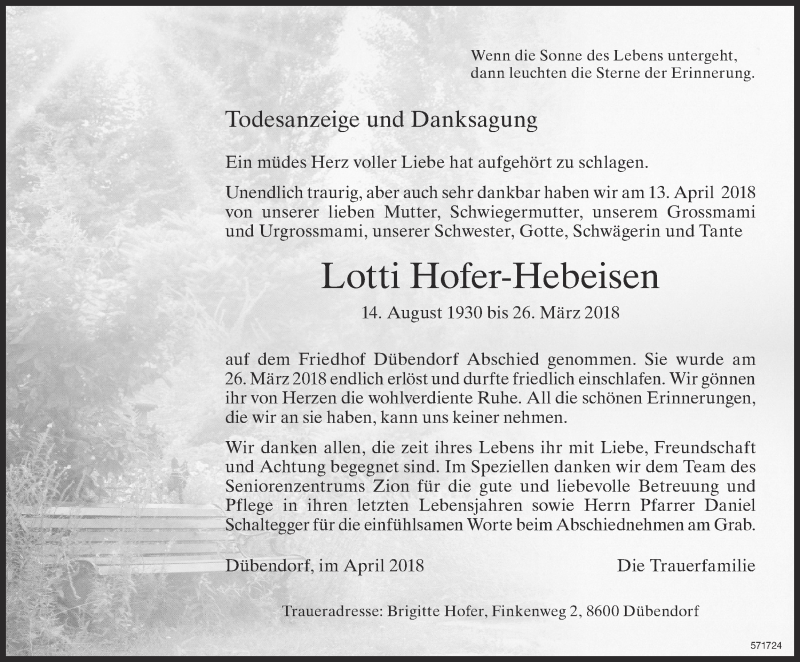  Traueranzeige für Lotti Hofer-Hebeisen vom 20.04.2018 aus Glattaler