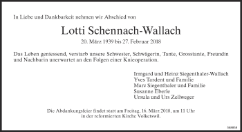 Traueranzeige von Lotti Schennach-Wallach von ZO Gesamt