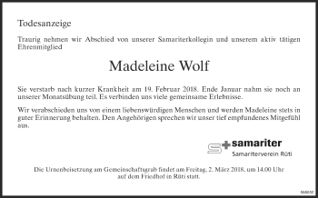 Traueranzeige von Madeleine Wolf von ZO Gesamt