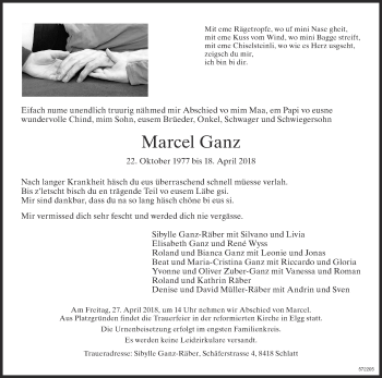Traueranzeige von Marcel Ganz von ZO Gesamt