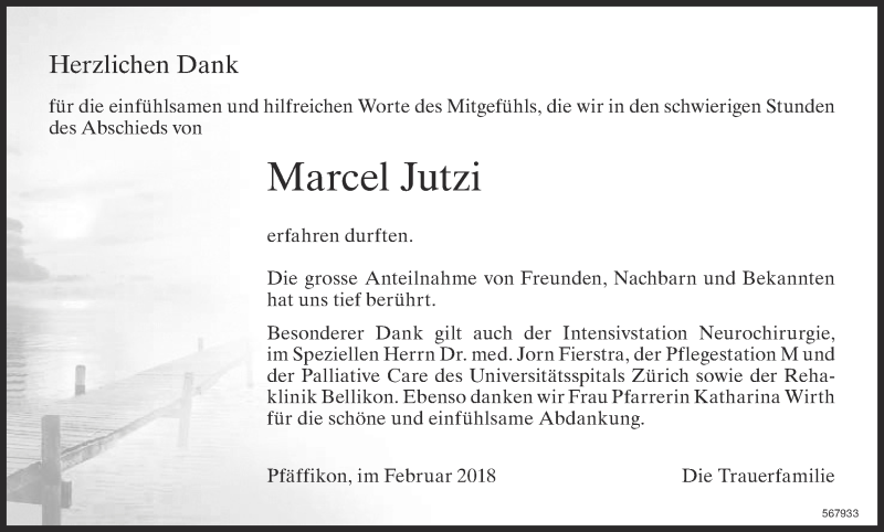  Traueranzeige für Marcel Jutzi vom 26.02.2018 aus ZO Gesamt