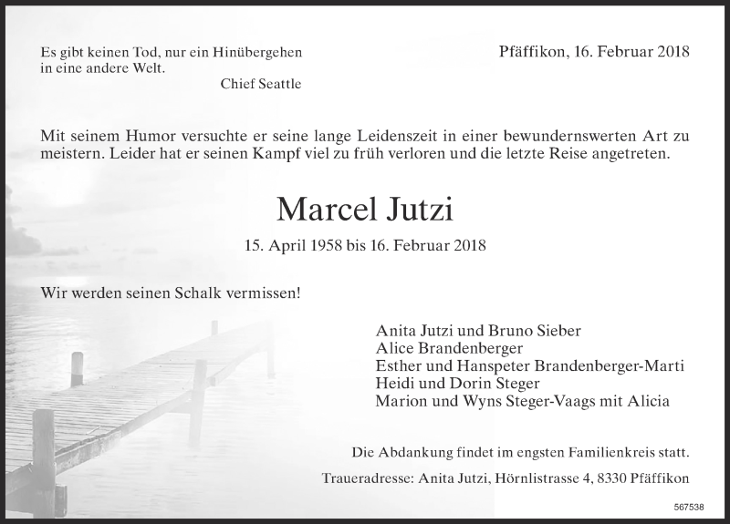  Traueranzeige für Marcel Jutzi vom 21.02.2018 aus ZO Gesamt